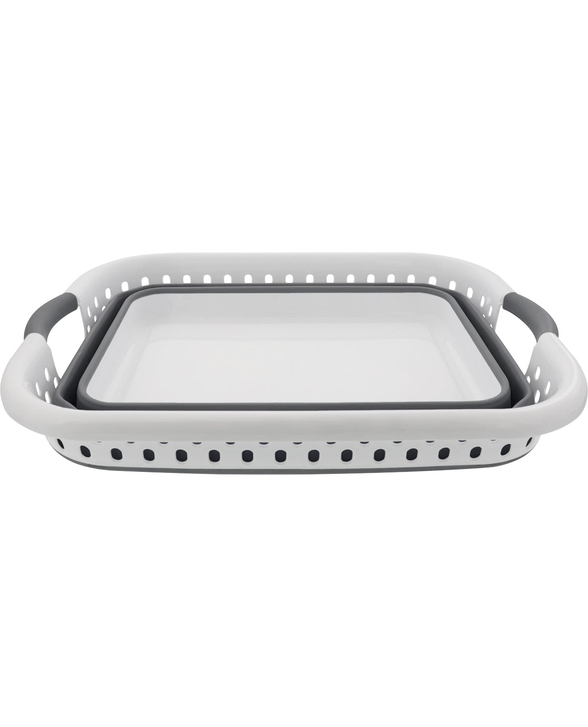 Rectangular glass baking dish with gray handles on a white background