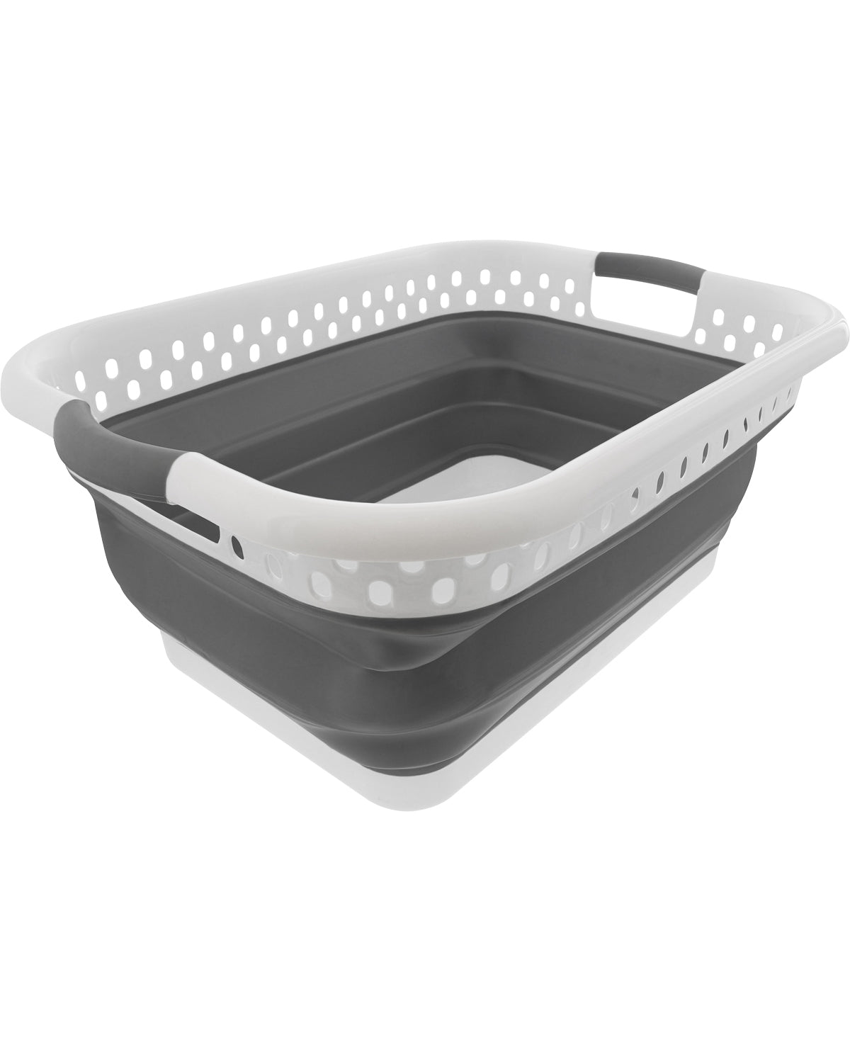 Gray and white collapsible laundry basket on a white background