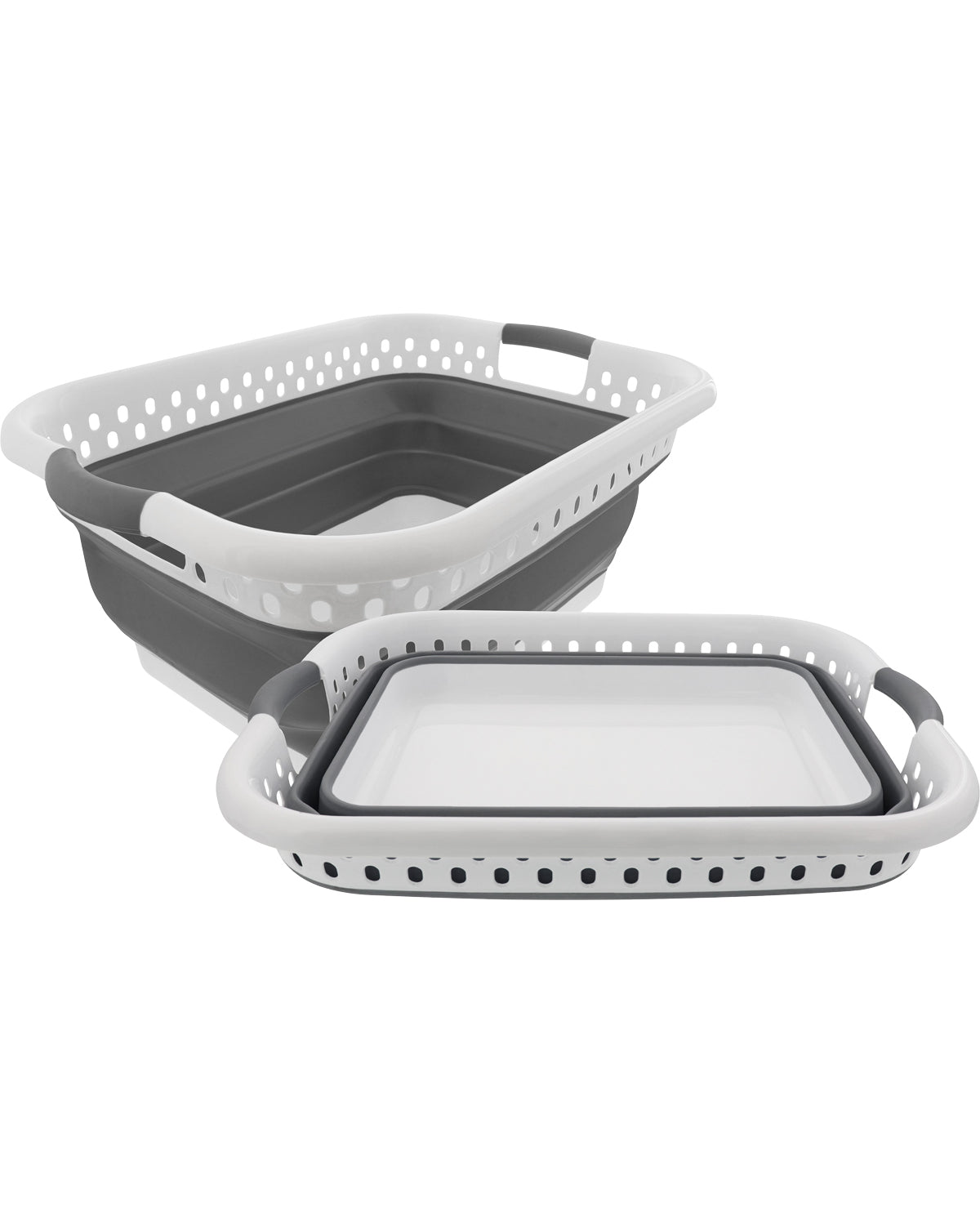Two gray and white collapsible baskets on a white background