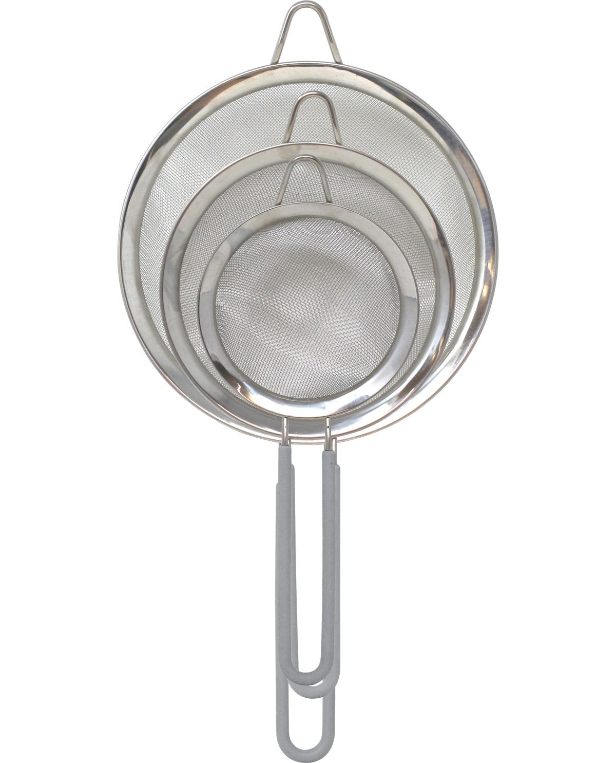 Three nested stainless steel mesh strainers with wire frames and gray plastic hanging loops, shown against a plain white background.