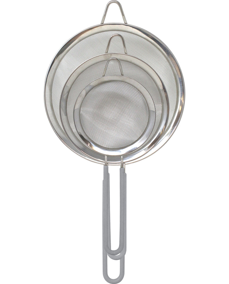 Three nested stainless steel mesh strainers with wire frames and gray plastic hanging loops, shown against a plain white background.