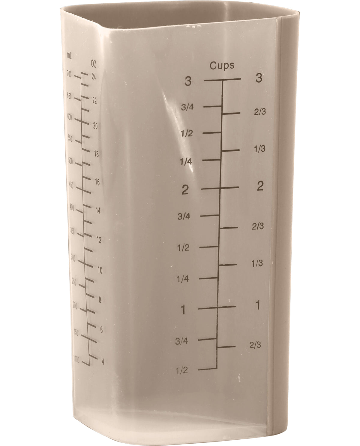 A translucent plastic measuring cup with printed cup and fluid measurement markings, shown on a plain white background.
