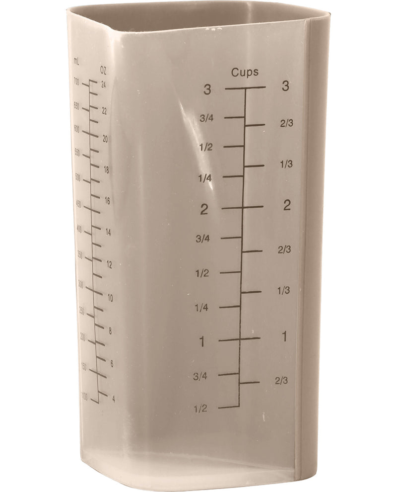 A translucent plastic measuring cup with printed cup and fluid measurement markings, shown on a plain white background.