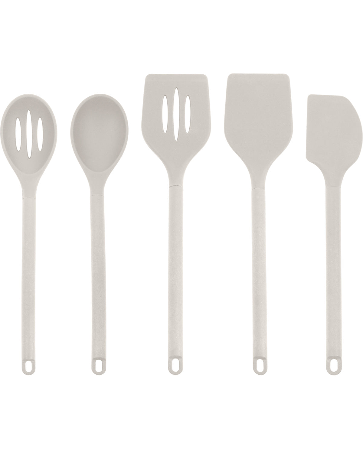 Five-piece silicone kitchen utensil set in a light gray color, including a slotted spoon, soup spoon, slotted spatula, flat spatula, and scraper, arranged vertically on a white background.