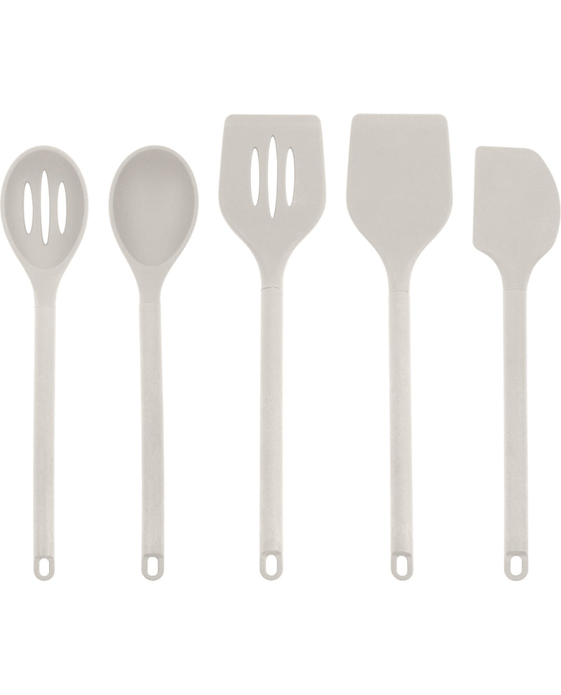 Five-piece silicone kitchen utensil set in a light gray color, including a slotted spoon, soup spoon, slotted spatula, flat spatula, and scraper, arranged vertically on a white background.