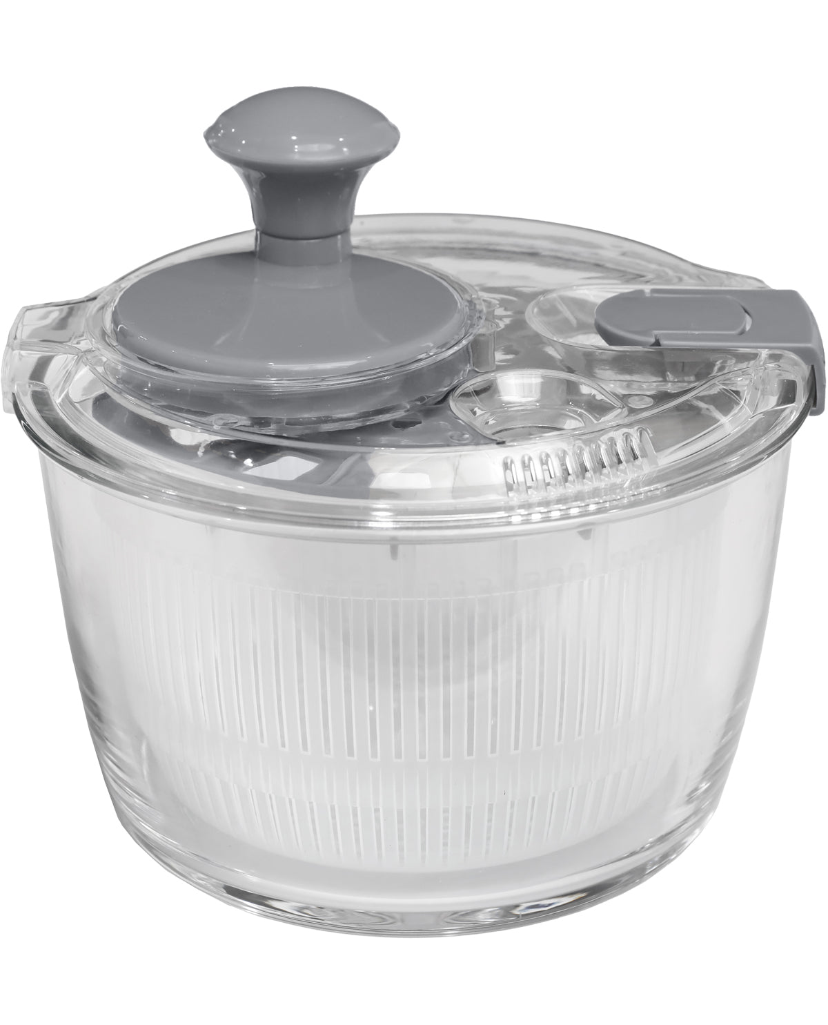A clear plastic salad spinner bowl with a gray lid and handle, shown on a plain white background.