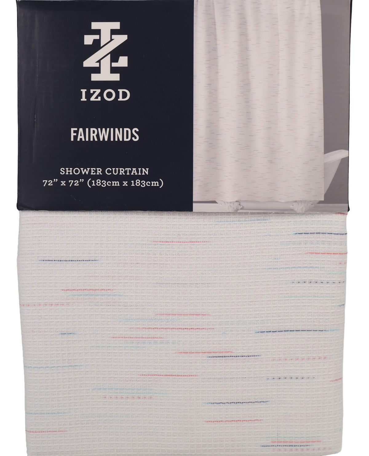 Izod Fairwinds shower curtain in its packaging, featuring a white textured fabric with subtle pink, blue, and orange dash patterns, alongside a dark navy label.
