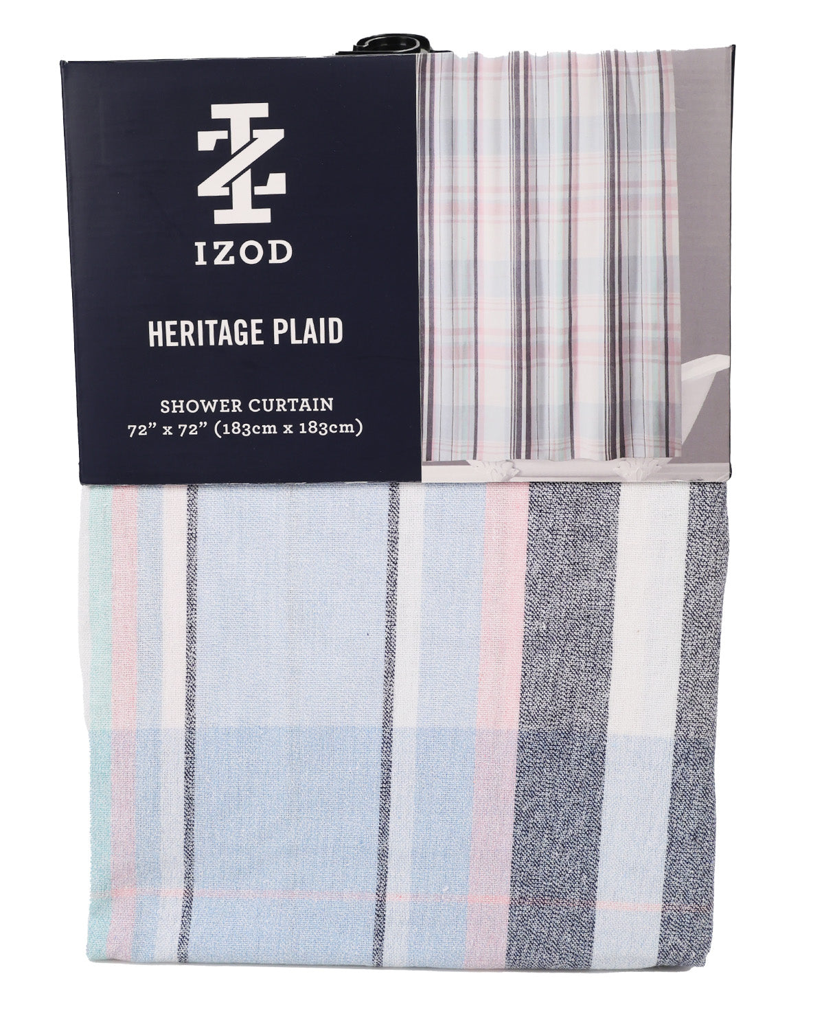 An Izod Heritage Plaid shower curtain, 72 inches by 72 inches, packaged with its dark navy blue header card. The curtain features a classic plaid pattern in light blue, white, pink, and gray.
