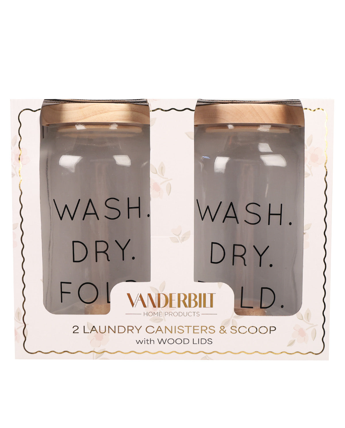 Vanderbilt Home Products 2-piece laundry canister set in its original packaging, featuring clear glass canisters with black lettering and light wood lids.