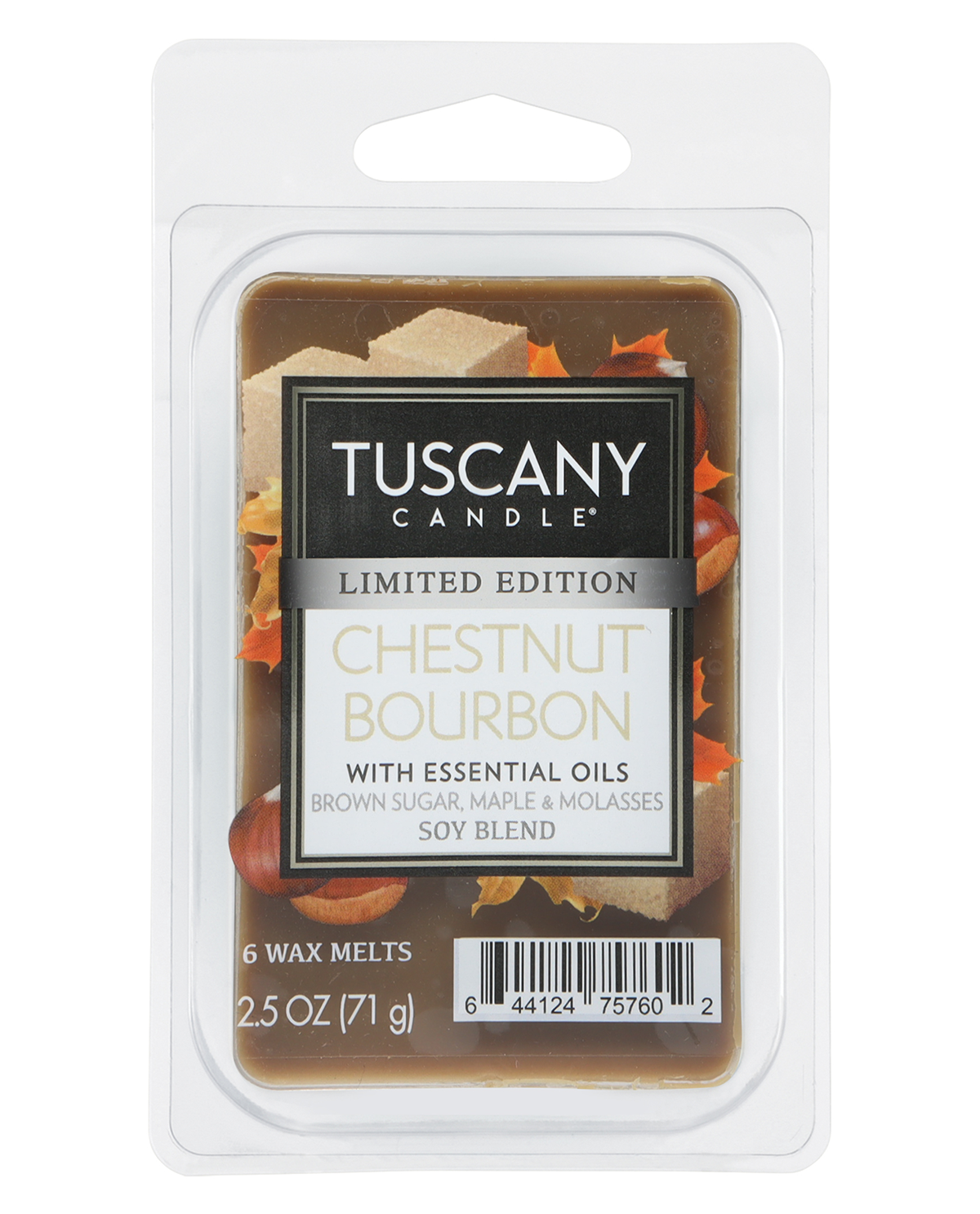 Tuscany Candle chestnut bourbon wax melt package on a white background