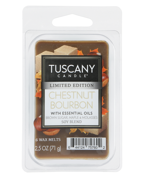 Tuscany Candle chestnut bourbon wax melt package on a white background