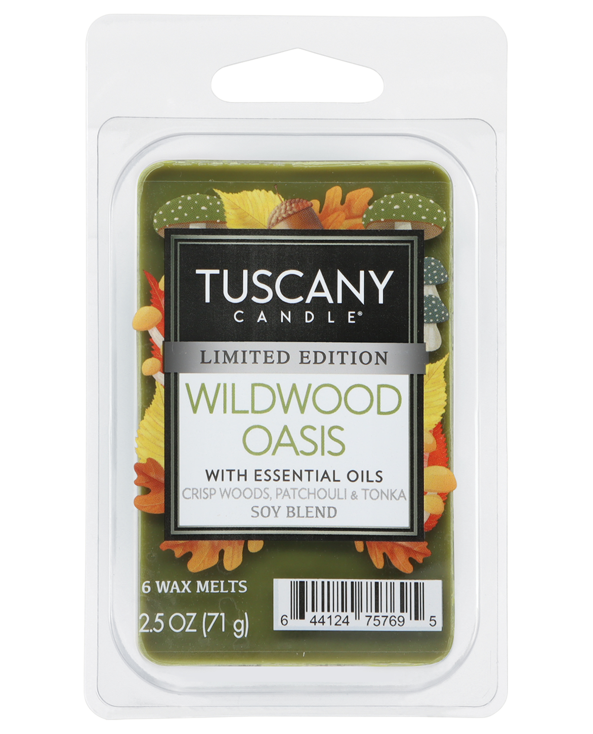 Tuscany Candle Wildwood Oasis wax melt package on a white background