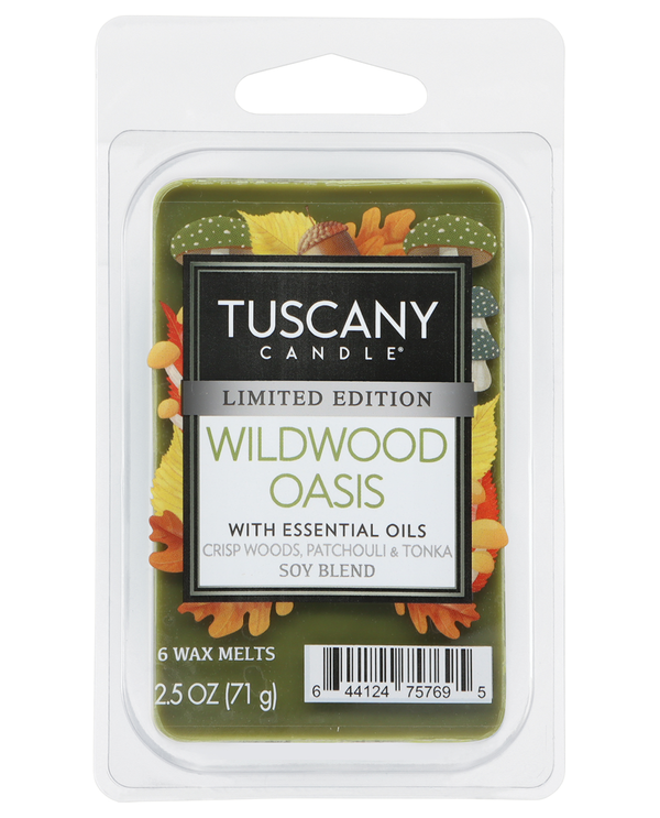 Tuscany Candle Wildwood Oasis wax melt package on a white background
