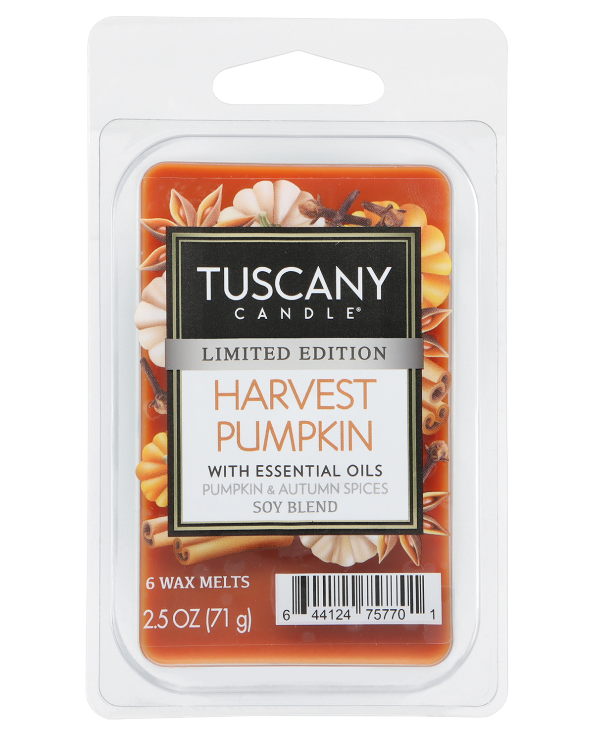 Tuscany Candle Harvest Pumpkin wax melt package on a white background