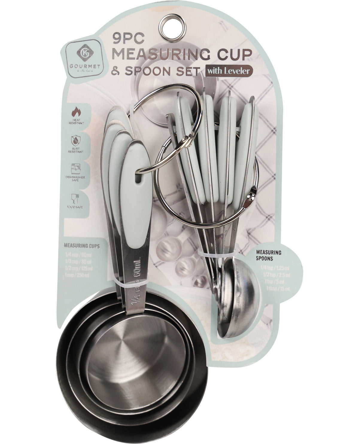 Gourmet Kitchen Steel 9 Piece Measuring Cup Set With Leveler - Mint