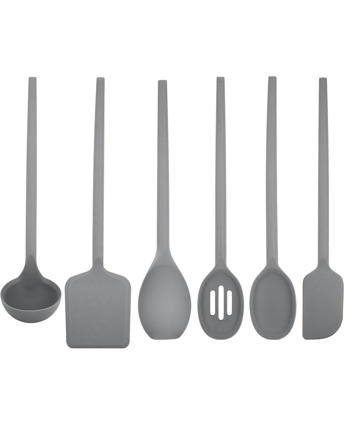 Six gray silicone kitchen utensils with long handles, including a ladle, spatula, spoon, slotted spoon, mixing spoon, and turner, arranged in a row on a white background.