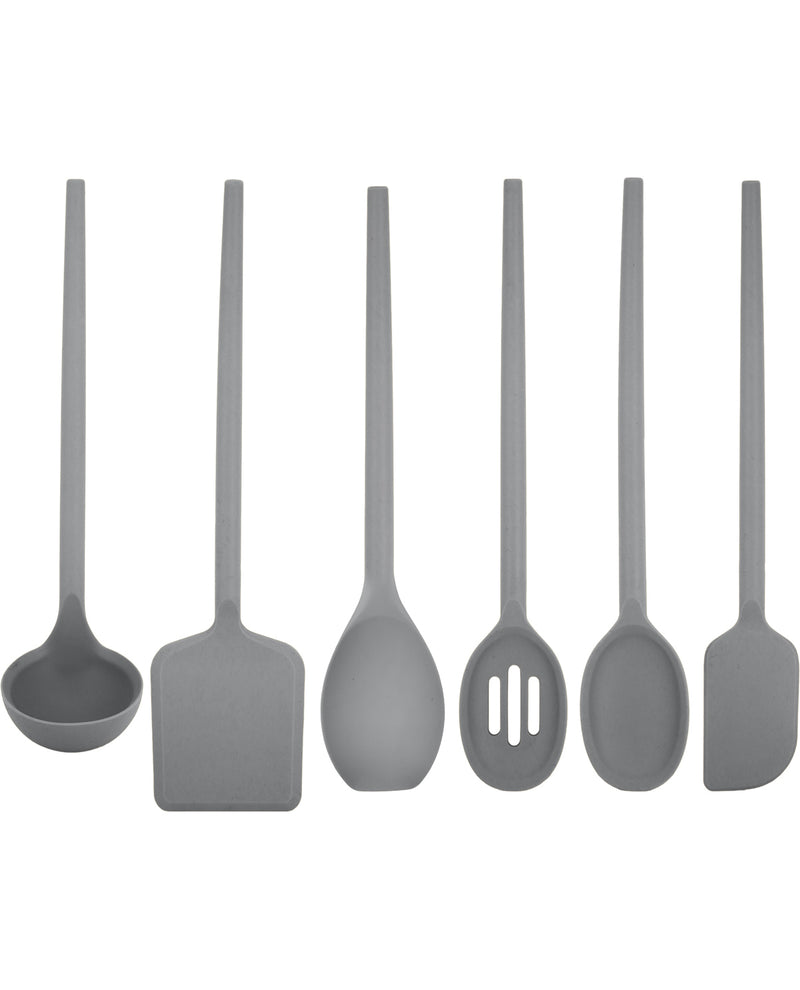 Six gray silicone kitchen utensils with long handles, including a ladle, spatula, spoon, slotted spoon, mixing spoon, and turner, arranged in a row on a white background.
