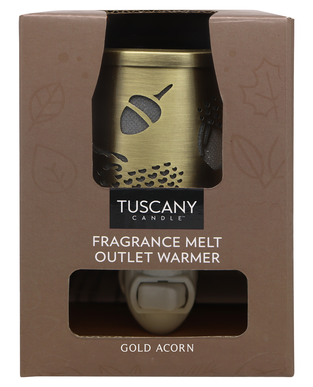Tuscany Candle fragrance melt outlet warmer packaging with gold acorn design.