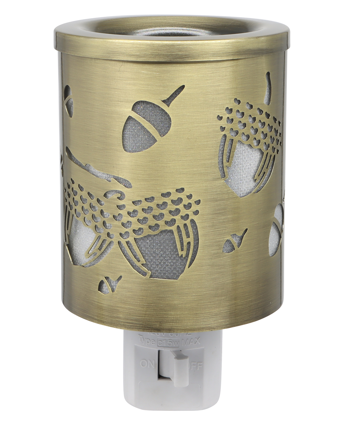 Brass-colored night light with acorn design on a white background