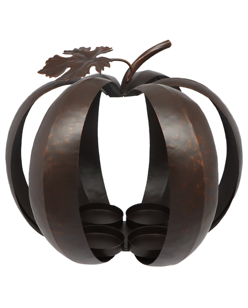 Decorative metal pumpkin with a leaf on a white background