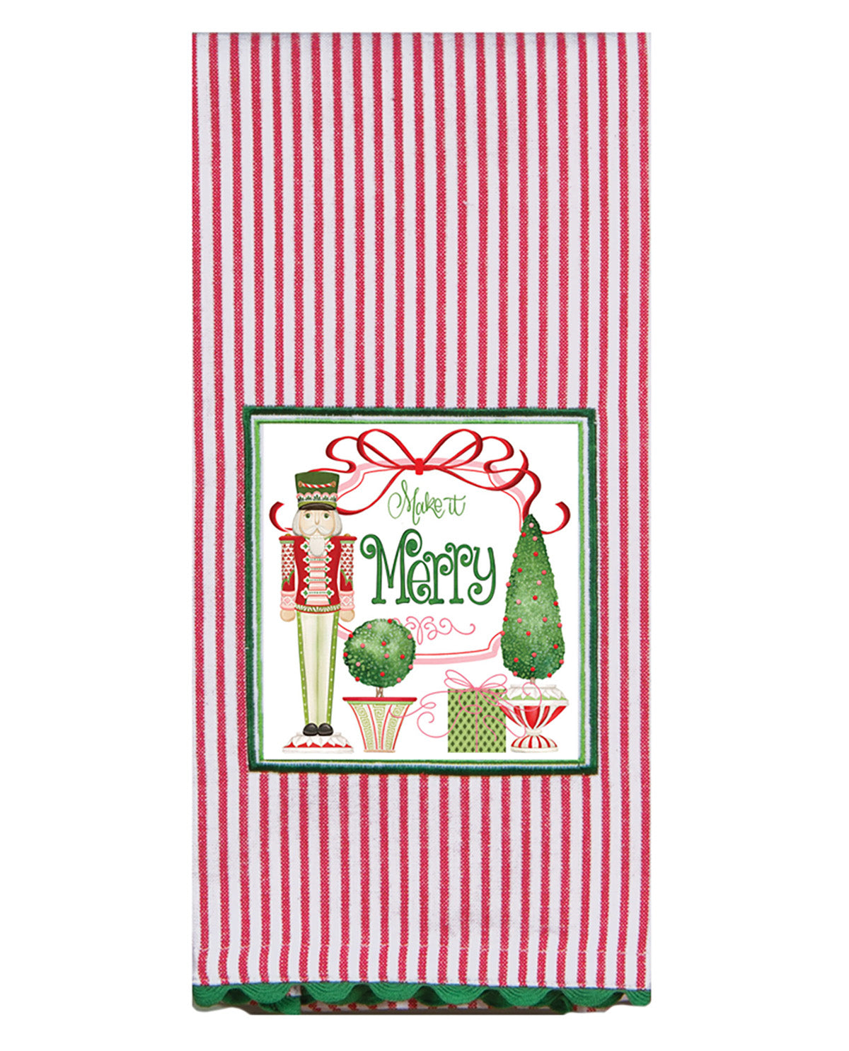 Red and white striped towel with Christmas-themed design featuring a nutcracker and trees.