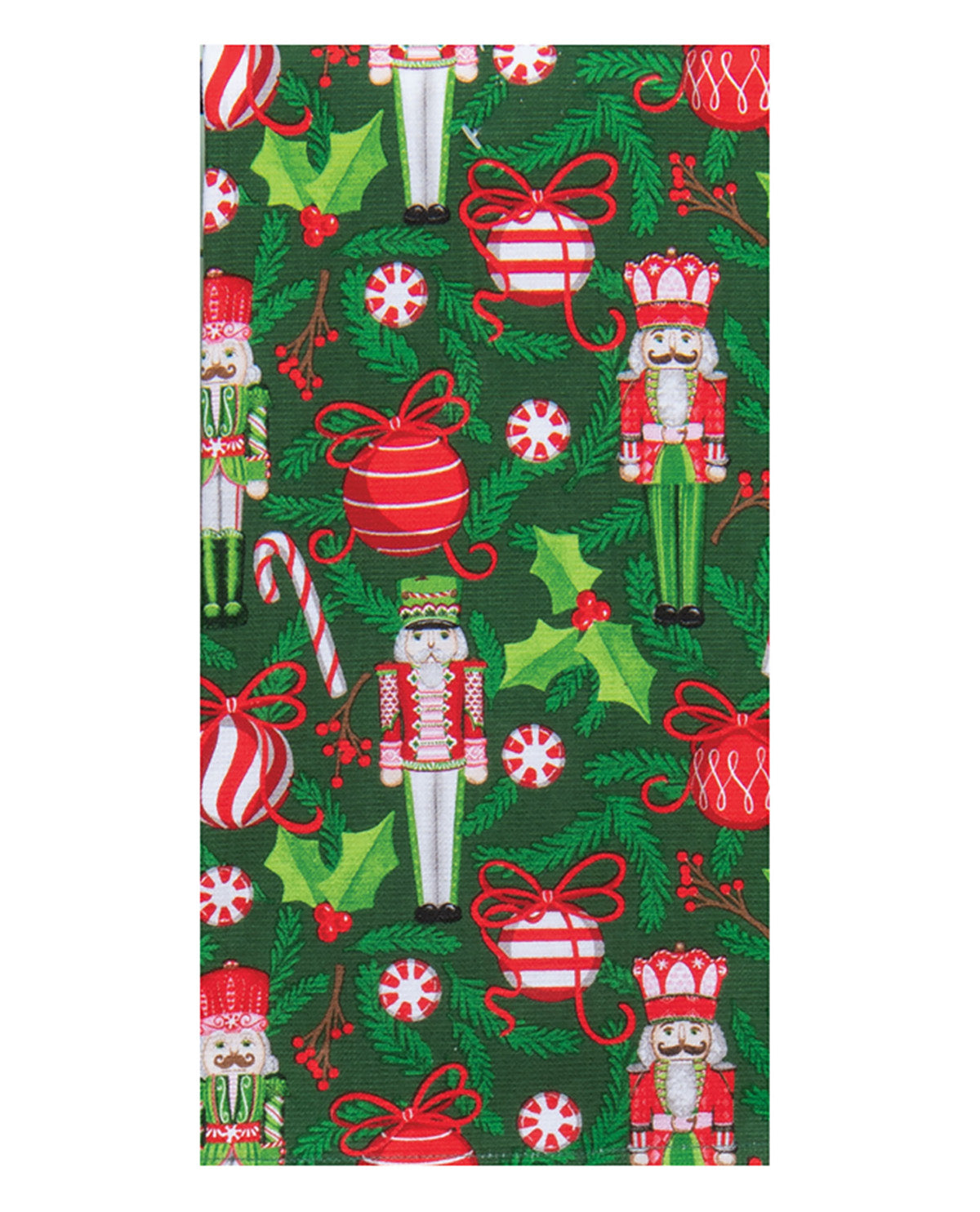 Christmas-themed fabric with nutcrackers, candy canes, and presents on a green background