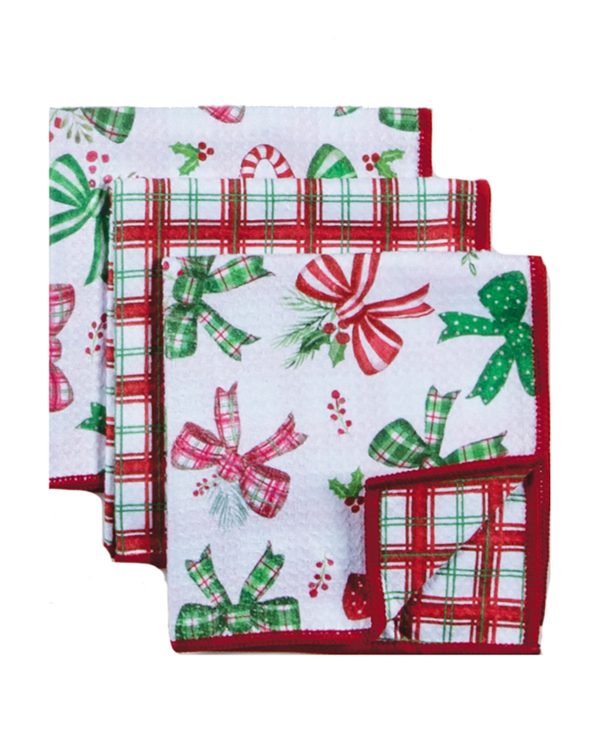 Set of three Christmas-themed napkins with bows and plaid patterns on a white background.