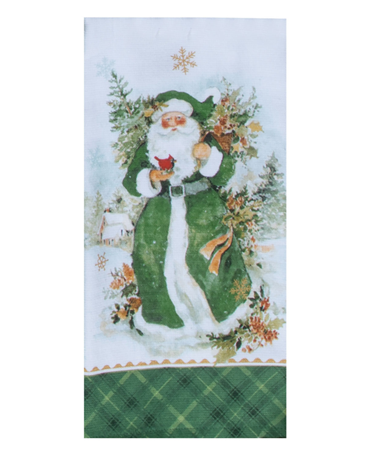 Decorative towel with a festive design of Santa Claus holding a bouquet on a white background.
