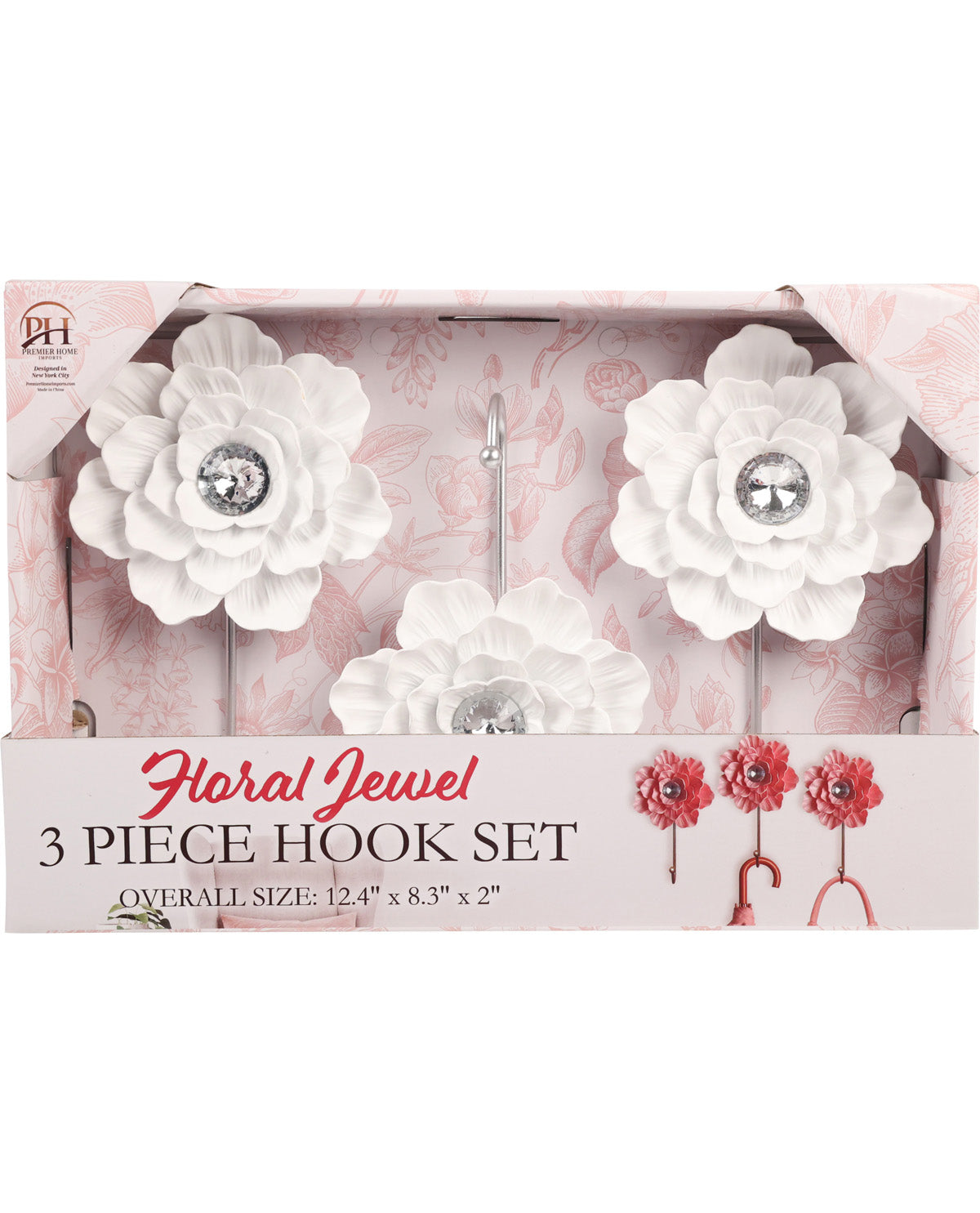 Floral Jewel 3-piece hook set packaging with white flowers and a pink floral pattern.