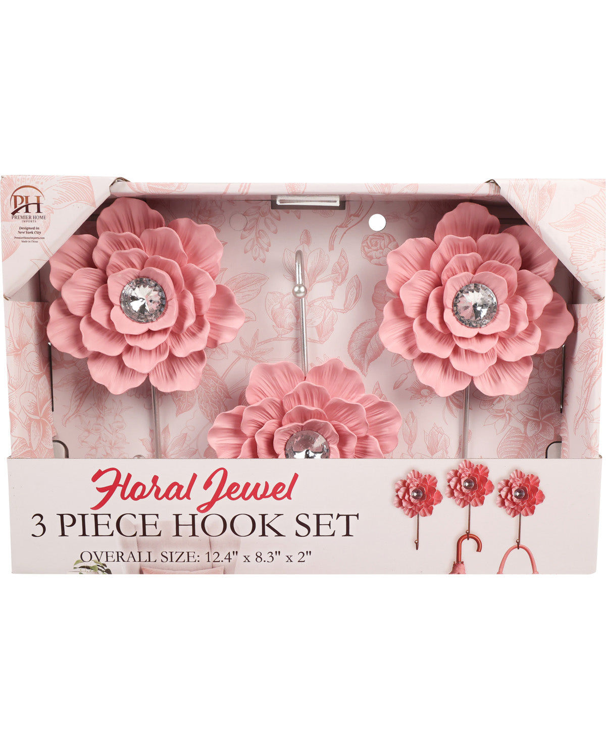 Floral hook set packaging with pink flowers and a rhinestone on a white background