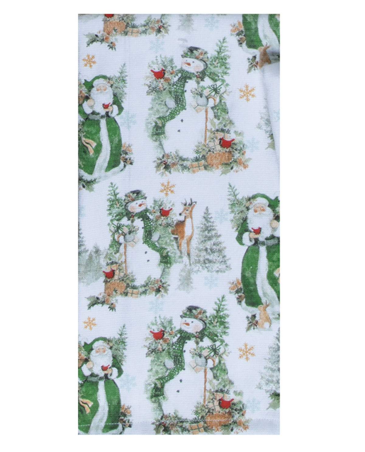Christmas-themed fabric with Santa Claus, snowmen, and reindeer on a white background