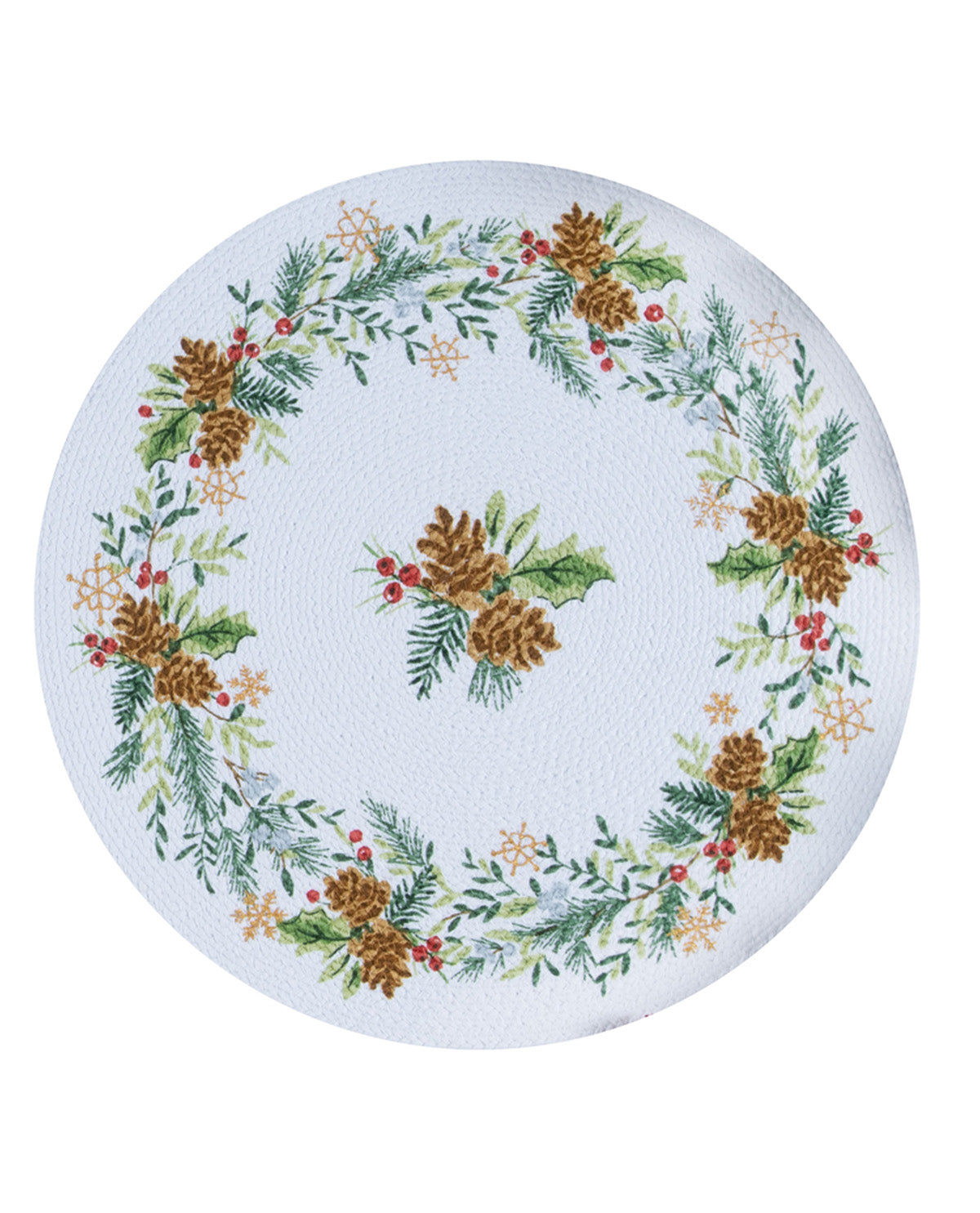 Round placemat with Christmas-themed design featuring pinecones and holly on a white background