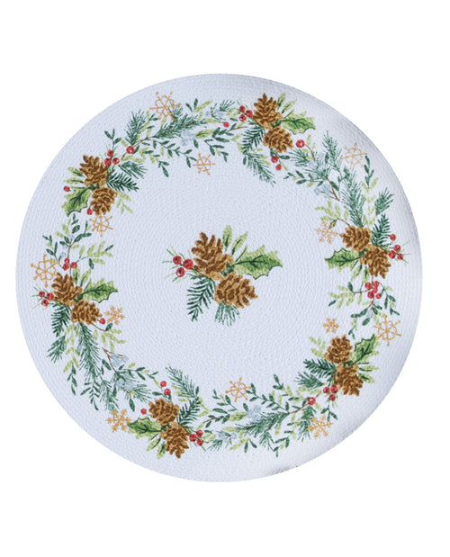 Round placemat with Christmas-themed design featuring pinecones and holly on a white background