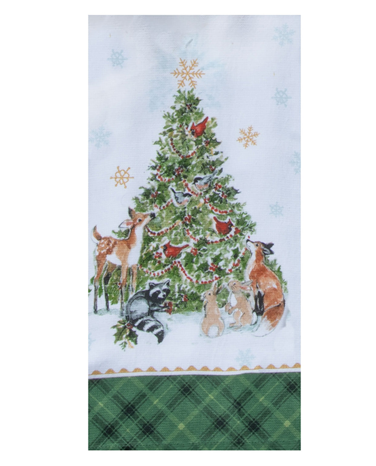 Decorative towel with a Christmas tree and forest animals on a white background