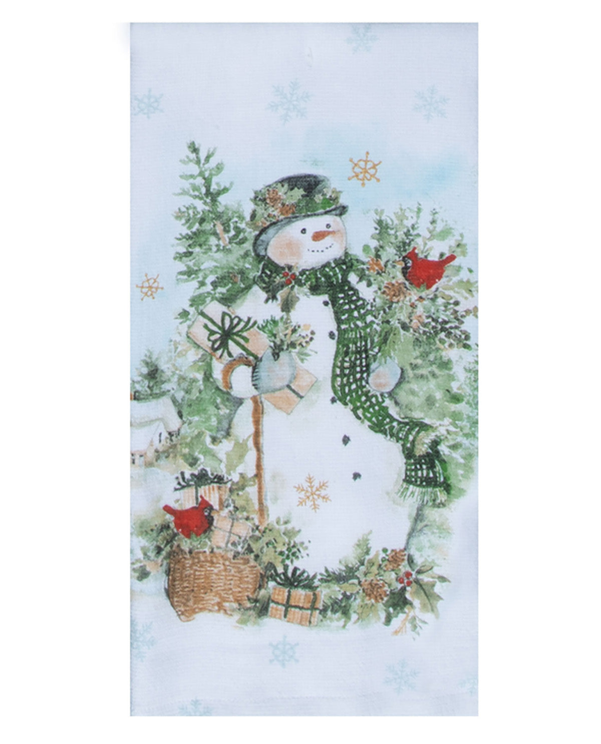 Decorative towel with a snowman design holding a basket, surrounded by trees and birds on a light blue background.