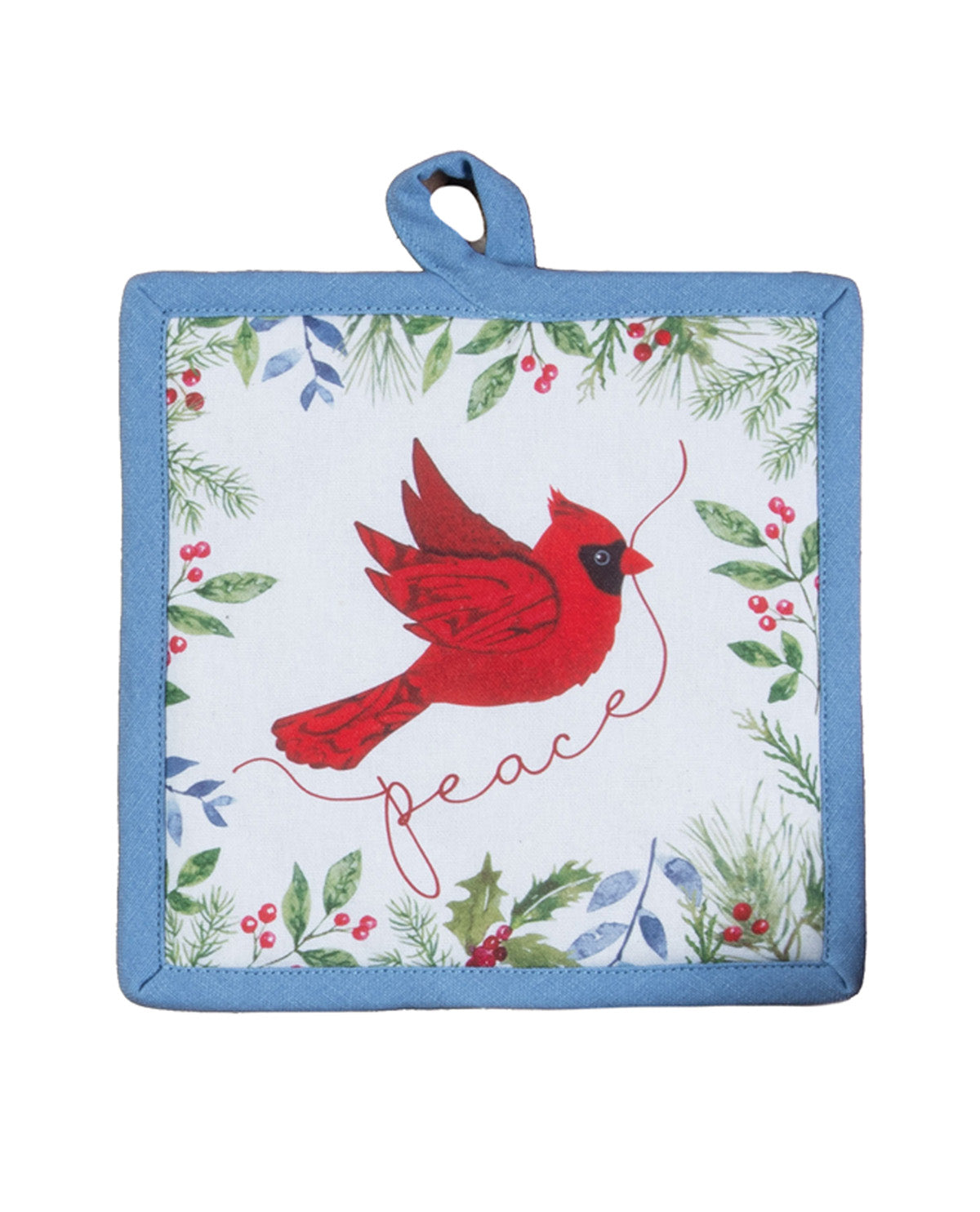 Potholder with red cardinal bird and 'peace' text on a white background