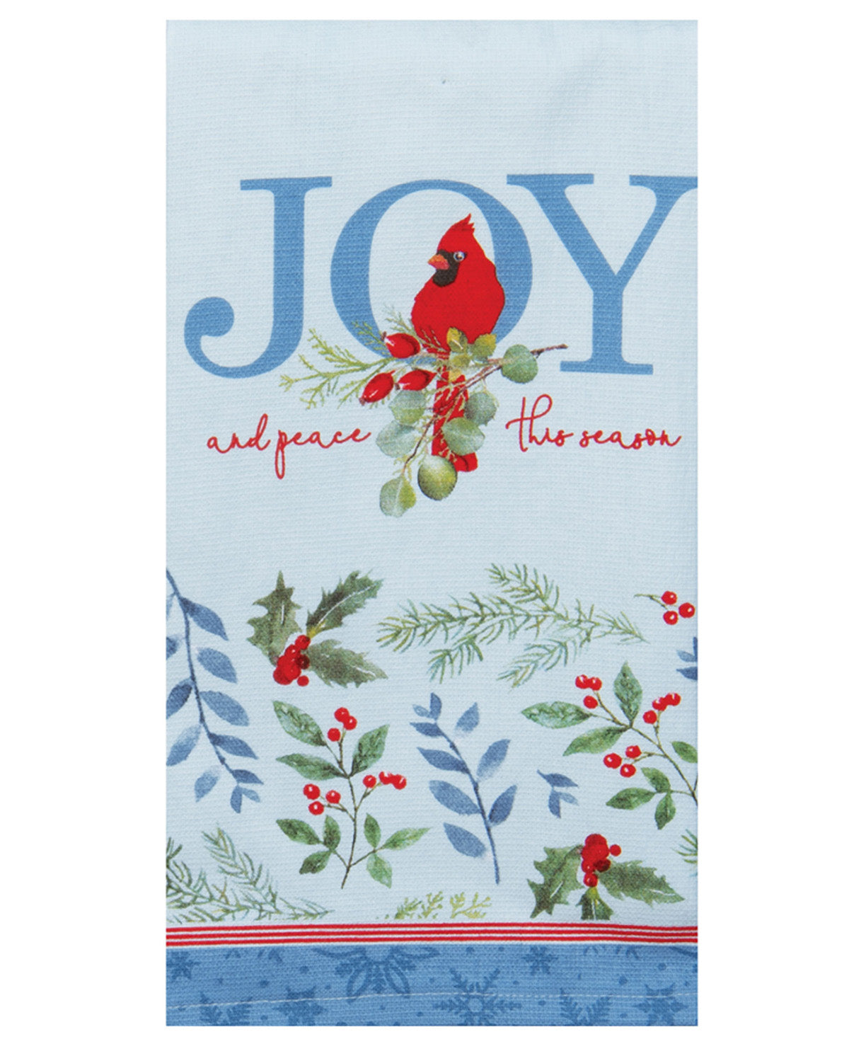 Decorative towel with 'JOY and peace this season' text and cardinal bird design on a blue background.