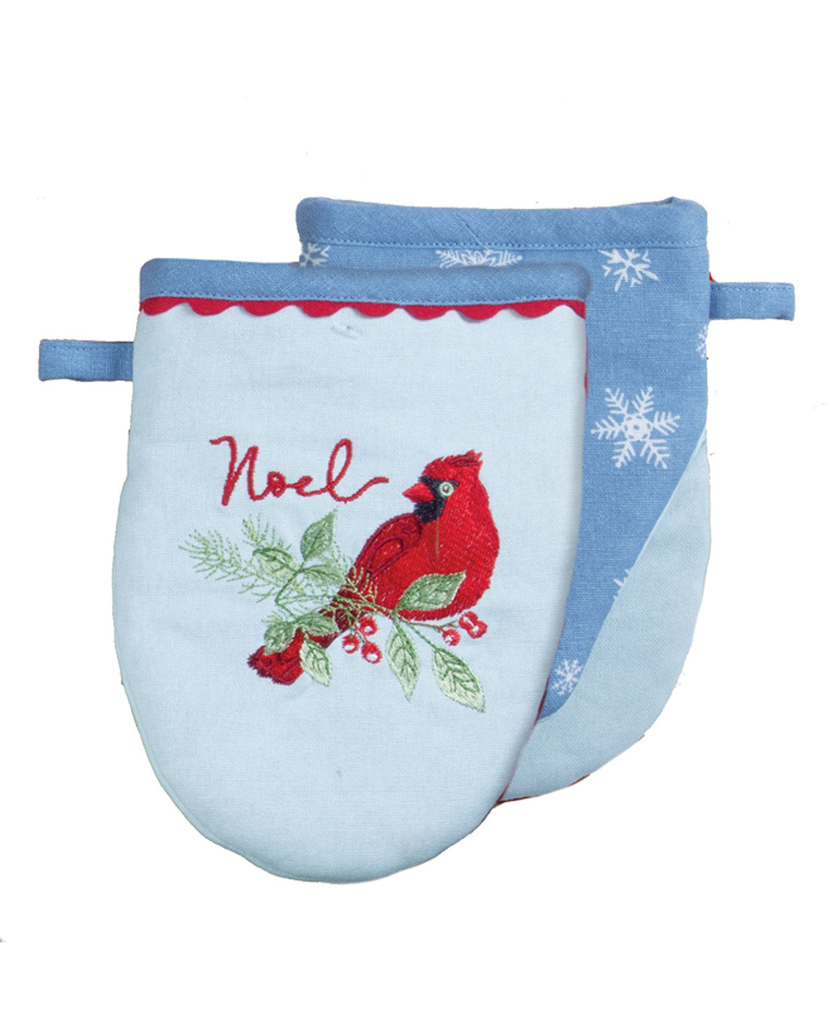 Pair of oven mitts with a cardinal design and 'Noel' text on a white background