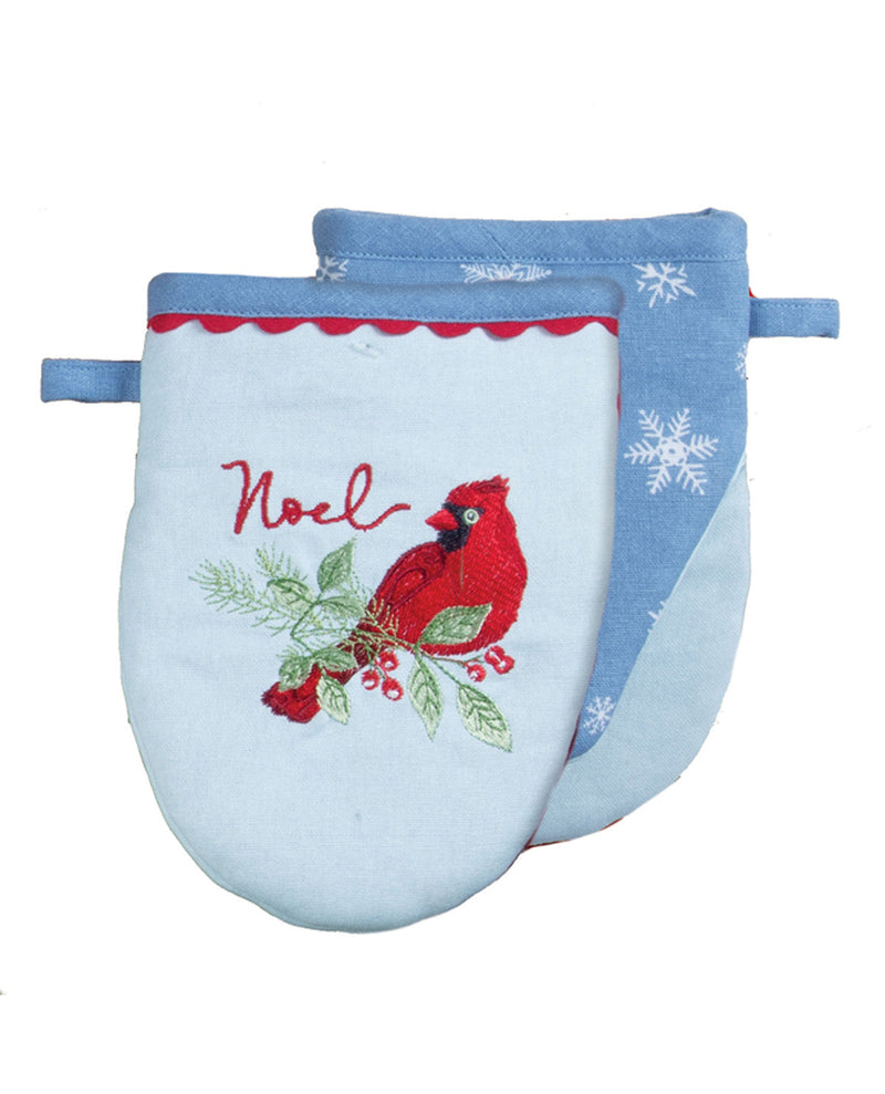 Pair of oven mitts with a cardinal design and 'Noel' text on a white background