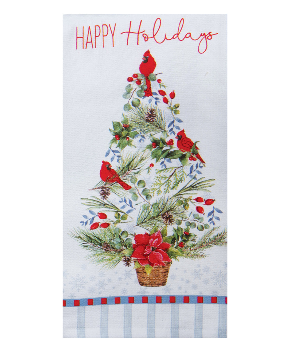 Decorative towel with Christmas tree design, red cardinals, and 'Happy Holidays' text on a white background.