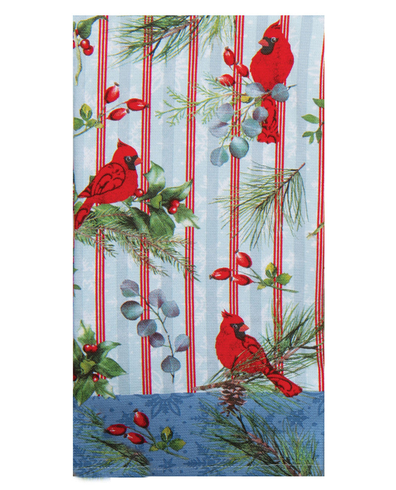 Decorative towel with red cardinals, greenery, and red stripes on a blue background
