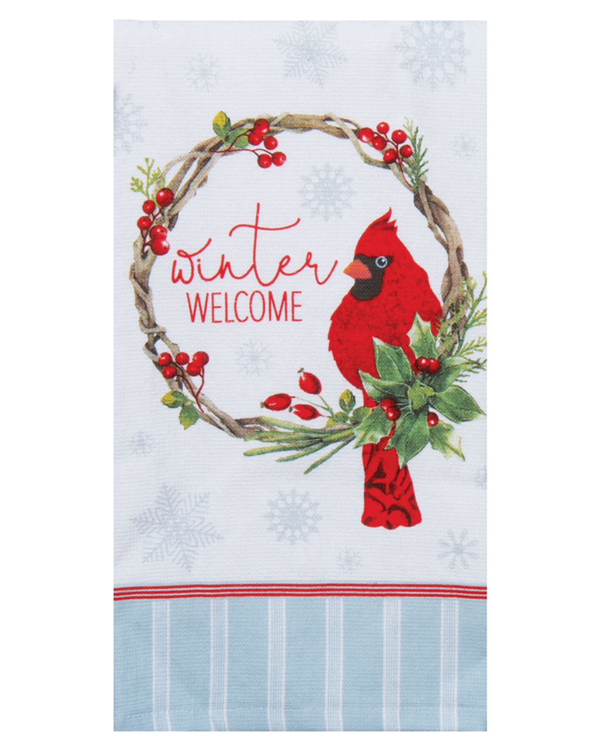 Towel with a red cardinal and winter wreath design, featuring the text 'Winter Welcome'.