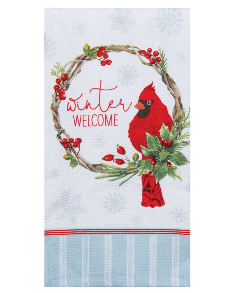 Towel with a red cardinal and winter wreath design, featuring the text 'Winter Welcome'.