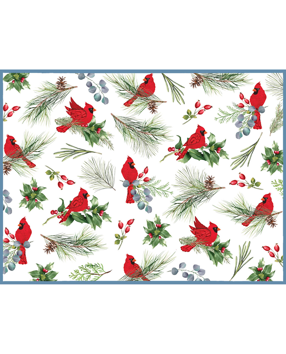 Pattern of red cardinals and winter foliage on a white background