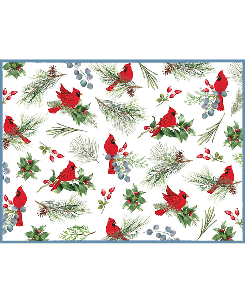 Pattern of red cardinals and winter foliage on a white background