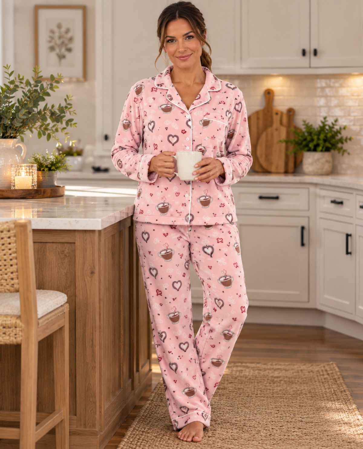 A woman stands in a bright kitchen wearing a pink long-sleeve pajama set with an allover heart and cupcake print, holding a white mug.