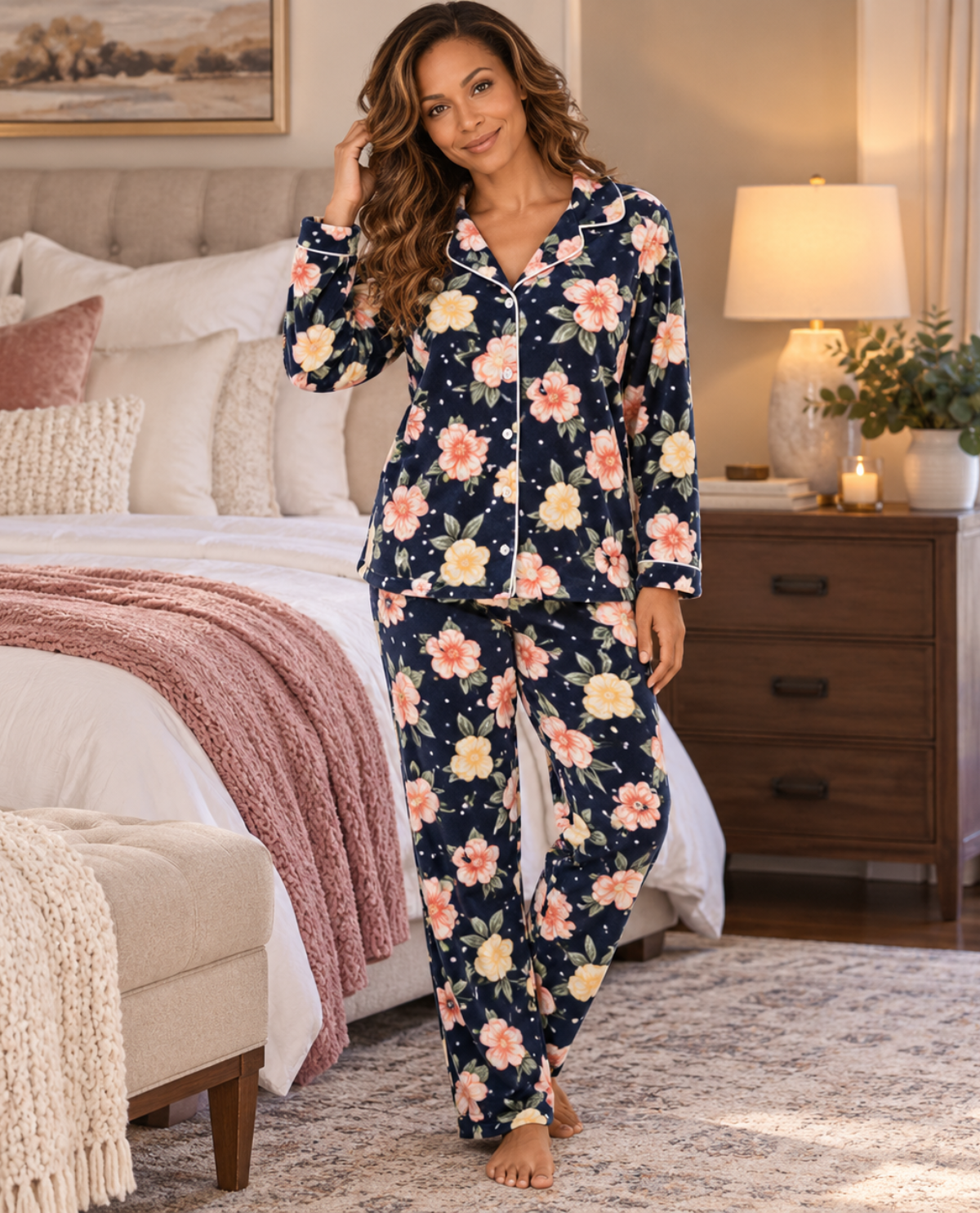 A woman stands in a bedroom wearing a navy floral pajama set with pink, peach, and cream flowers. The set includes a long-sleeve button-front top and matching long pants.