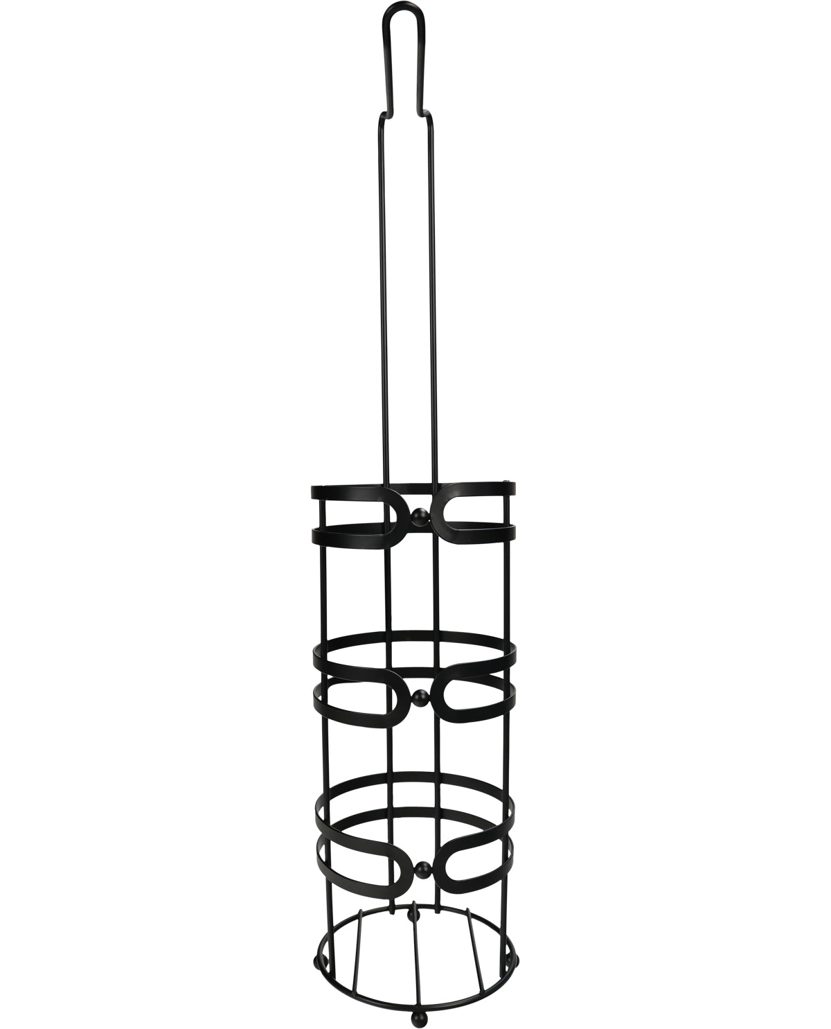 A black metal wine bottle rack with a tall hanging stem and three tiers of spiral bottle holders, shown against a plain white background.