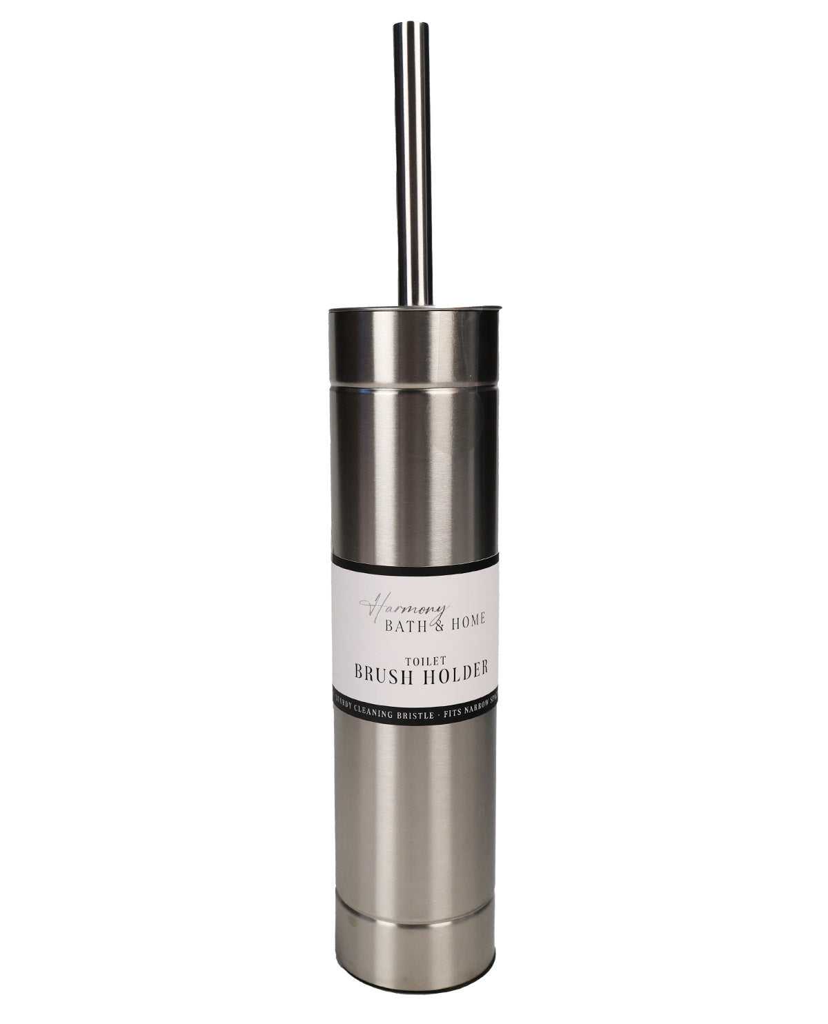 A stainless steel toilet brush holder with two metal brush stems, featuring a white paper label that reads 'Honesty Bath & Home' and 'TOILET BRUSH HOLDER'.