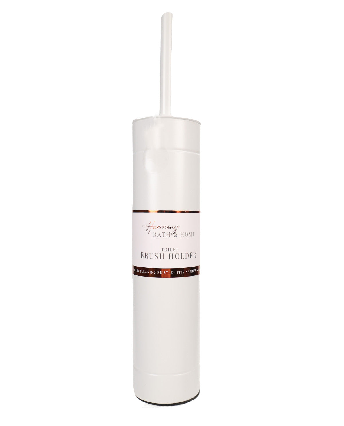 A white toilet brush holder with a white handle, featuring a label that reads 'Harmony Bath & Home' and 'TOILET BRUSH HOLDER' on a clean white background.